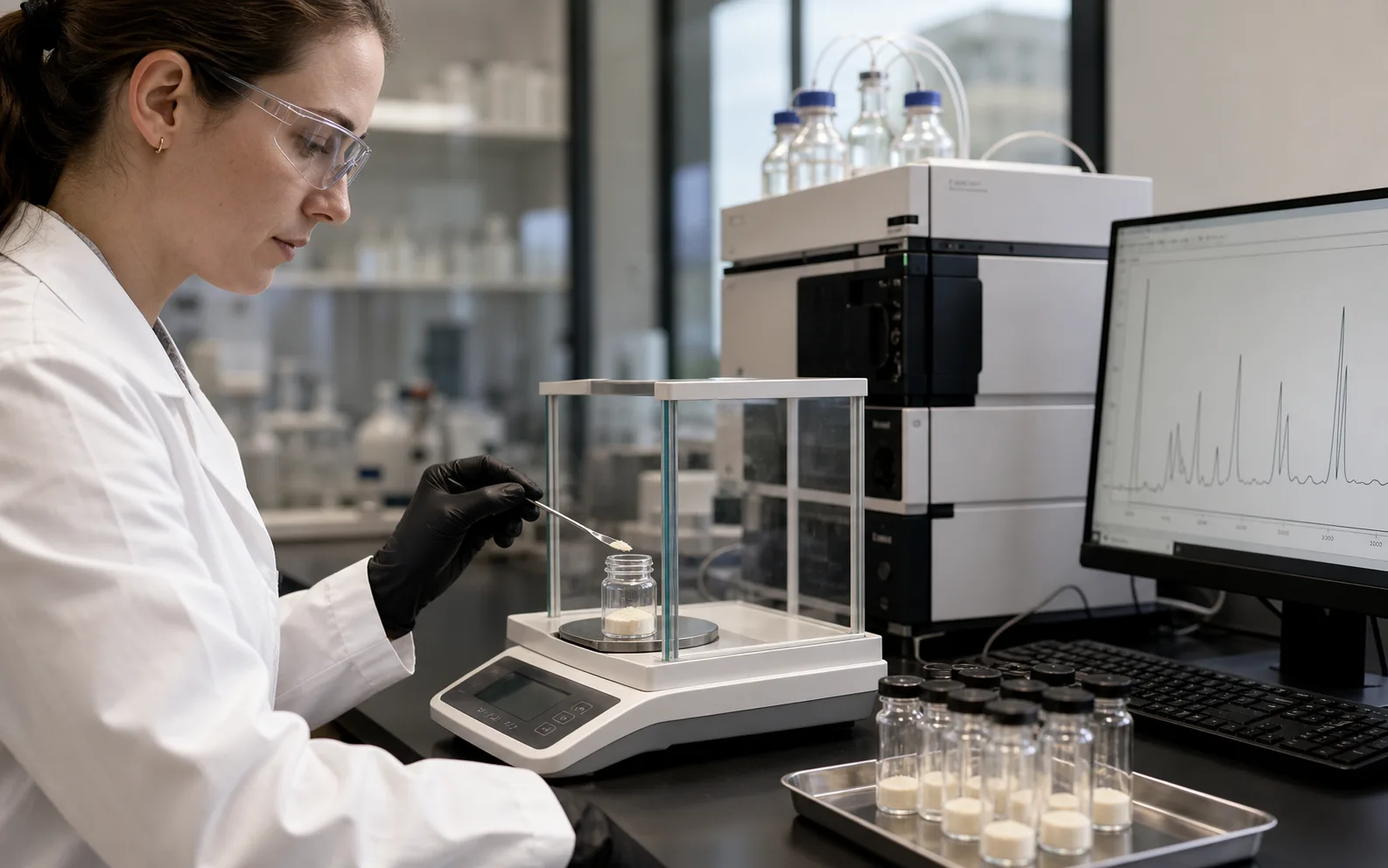 Scientist measuring a powder sample beside analytical laboratory equipment