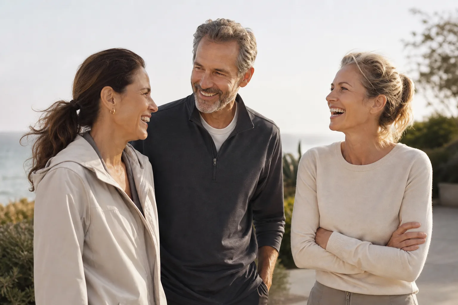 Three healthy adults in midlife sharing an easy laugh after a morning walk