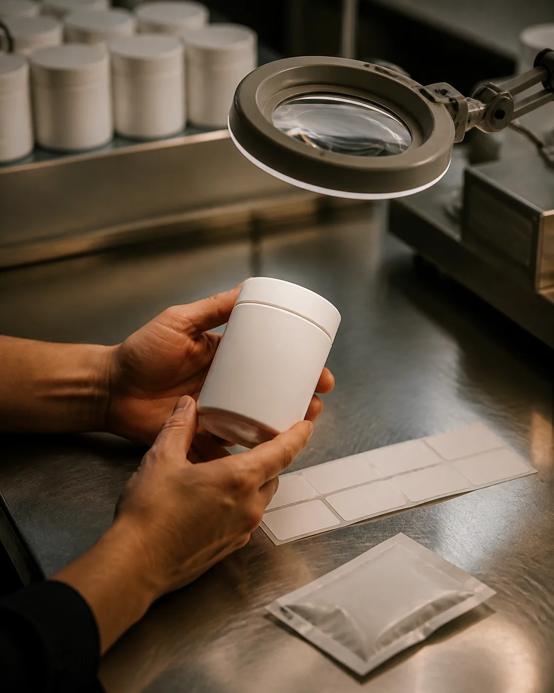 A physical container being inspected at a small-batch quality-control station